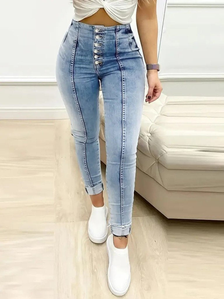 Women's High Waist Button-Front Jean Trousers, 31138