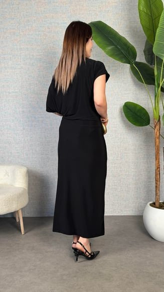 Rochie maxi cu mânecă scurtă și talie elastică pe un singur umăr, Sandy, 34334