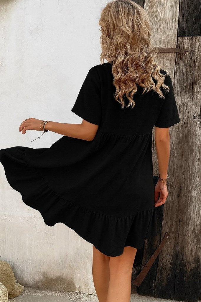 Rochie Supreme pentru femei, cu mânecă scurtă, guler cu șireturi, nasturi în față, model cu volane, 26746