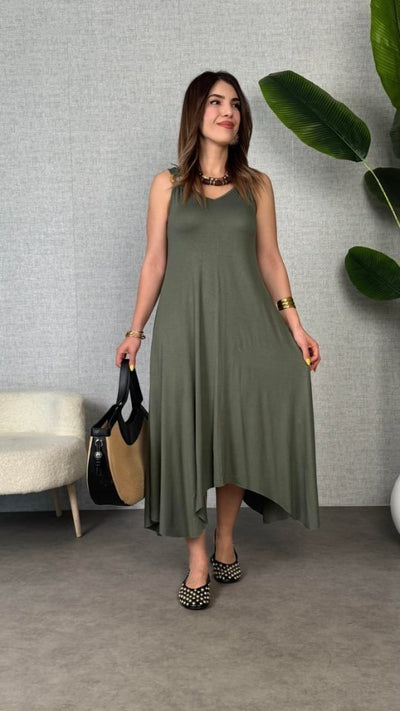 Rochie maxi din viscoză, cu decolteu în V și croială asimetrică, cu bretele și detaliu cu inele, 31368