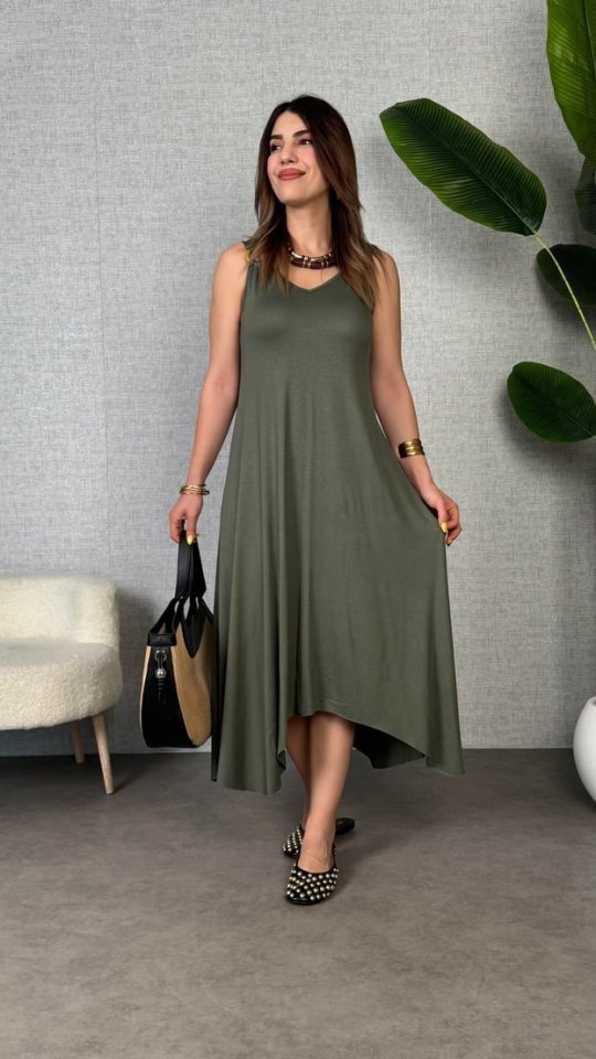 Rochie maxi din viscoză, cu decolteu în V și croială asimetrică, cu bretele și detaliu cu inele, 31368