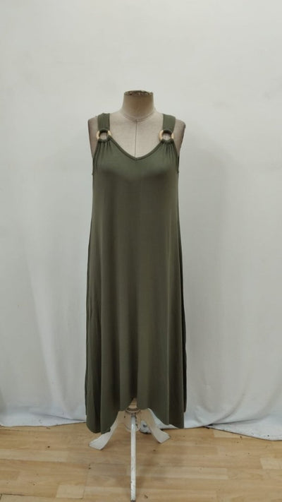 Rochie maxi din viscoză, cu decolteu în V și croială asimetrică, cu bretele și detaliu cu inele, 31368