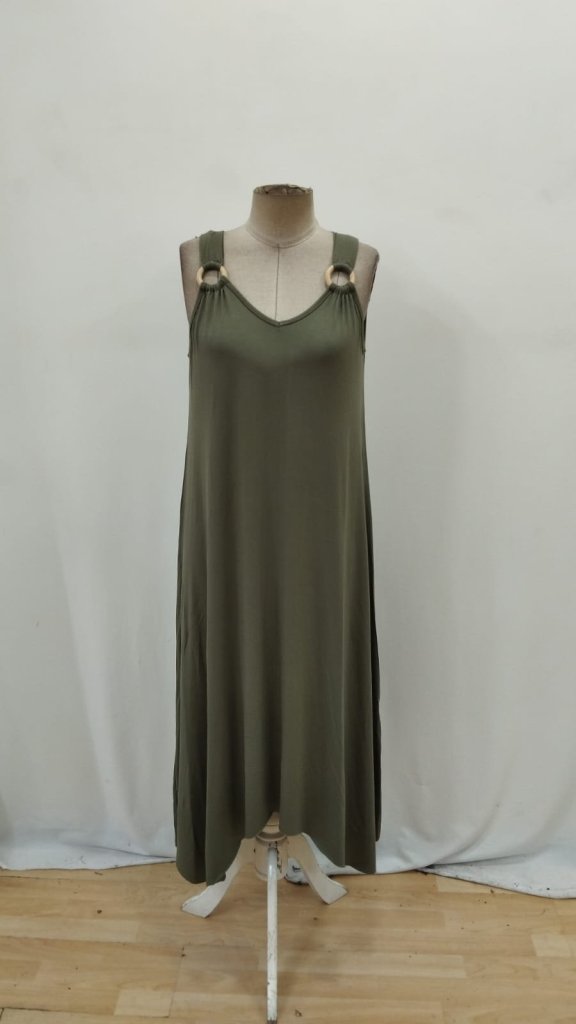 Rochie maxi din viscoză, cu decolteu în V și croială asimetrică, cu bretele și detaliu cu inele, 31368