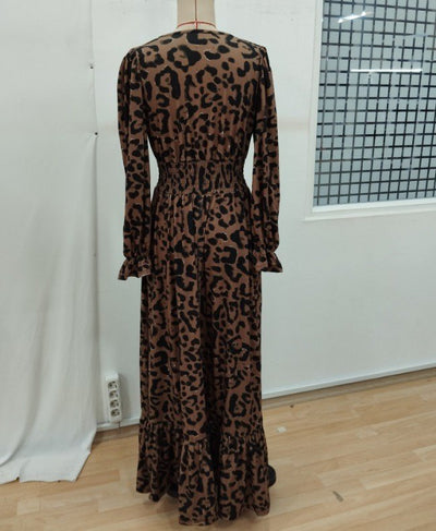 Women's Long Sleeve Wrap V-Neck Leopard Print Long Interlock Dress, 26837