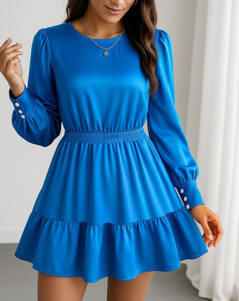Rochie importată din crep, cu mânecă lungă, guler la baza gâtului, elastic în talie și volane pentru femei, 30089