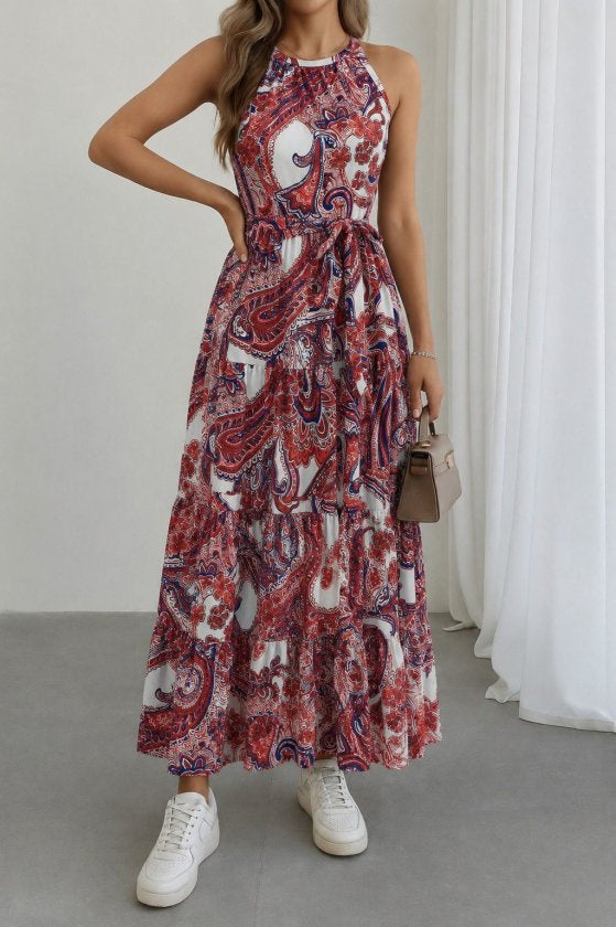 Rochie lungă cu imprimeu și șliț, cu guler halter și umeri goi, 26964