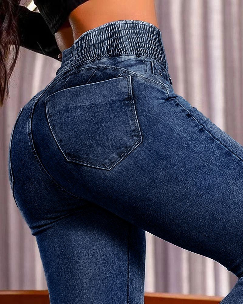 Kadın Yüksek Bel Yanları Lastik önü Düğmeli Kot Pantolon , 31783