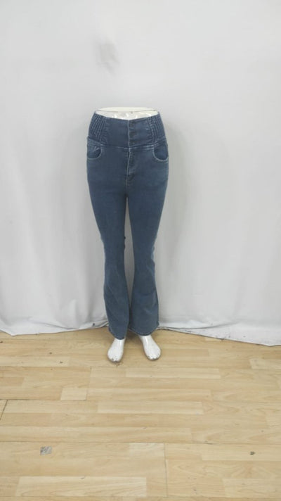 Kadın Yüksek Bel Yanları Lastik önü Düğmeli Kot Pantolon , 31783