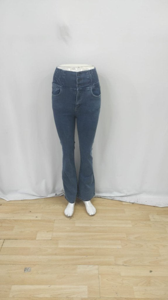 Kadın Yüksek Bel Yanları Lastik önü Düğmeli Kot Pantolon , 31783