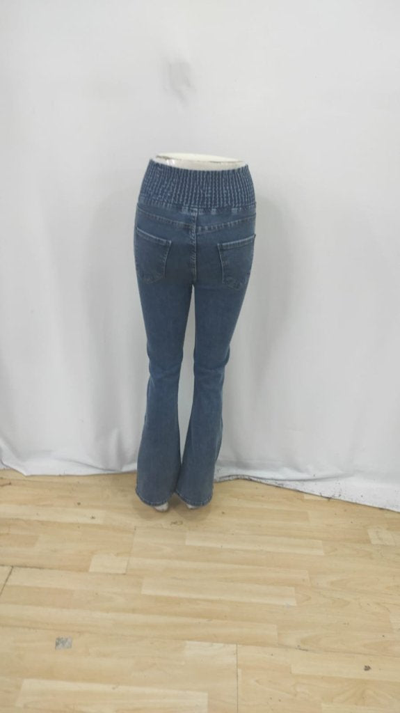 Kadın Yüksek Bel Yanları Lastik önü Düğmeli Kot Pantolon , 31783