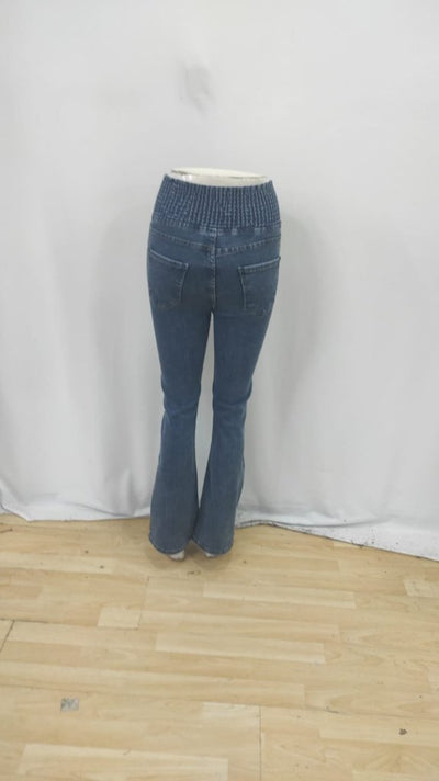 Pantaloni de dama din denim cu talie inalta, elastic pe laterale si nasturi in fata, 31783