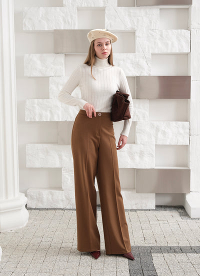 PANTALONI PALAZZO CU NASTURE METALIC PENTRU IARNĂ 320GR - Maro