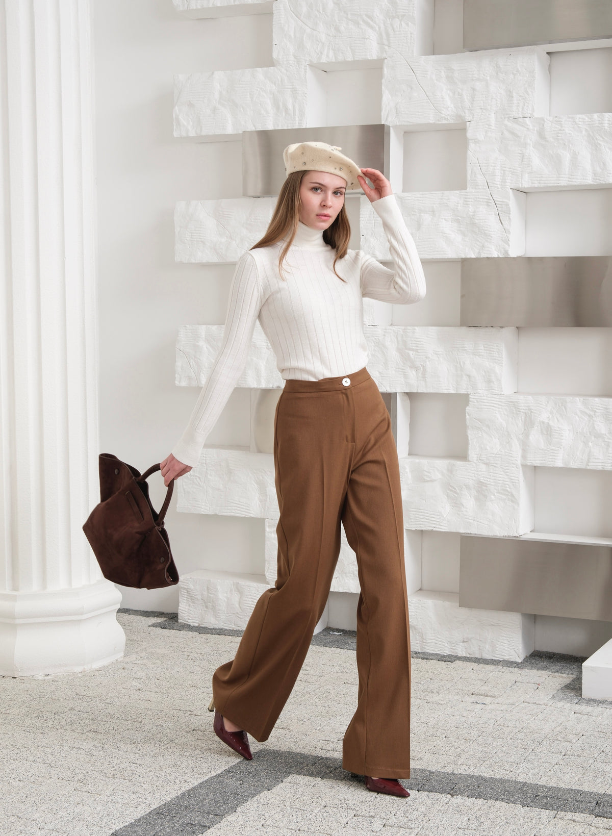 PANTALONI PALAZZO CU NASTURE METALIC PENTRU IARNĂ 320GR - Maro