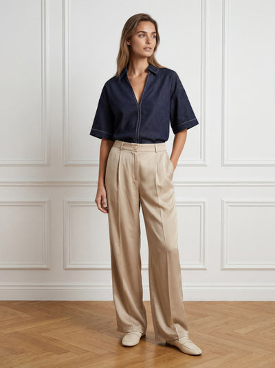 Pantaloni ITALIA ELASTIC PALAZZO din TENCEL - Bej