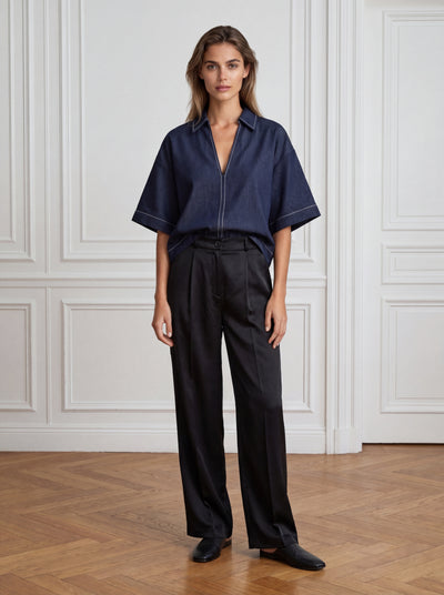 ITALIA ELASTIC PALAZZO TENCEL PANTS - Black