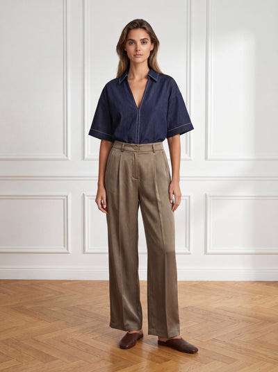 ITALIA ELASTIC PALAZZO TENCEL TROUSERS - Mink