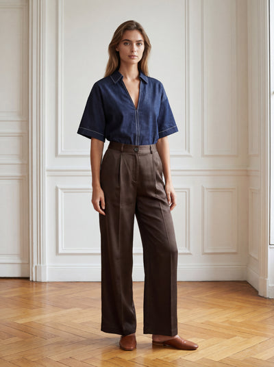 ITALIA ELASTIC PALAZZO TENCEL PANTOLON - K. Kahve