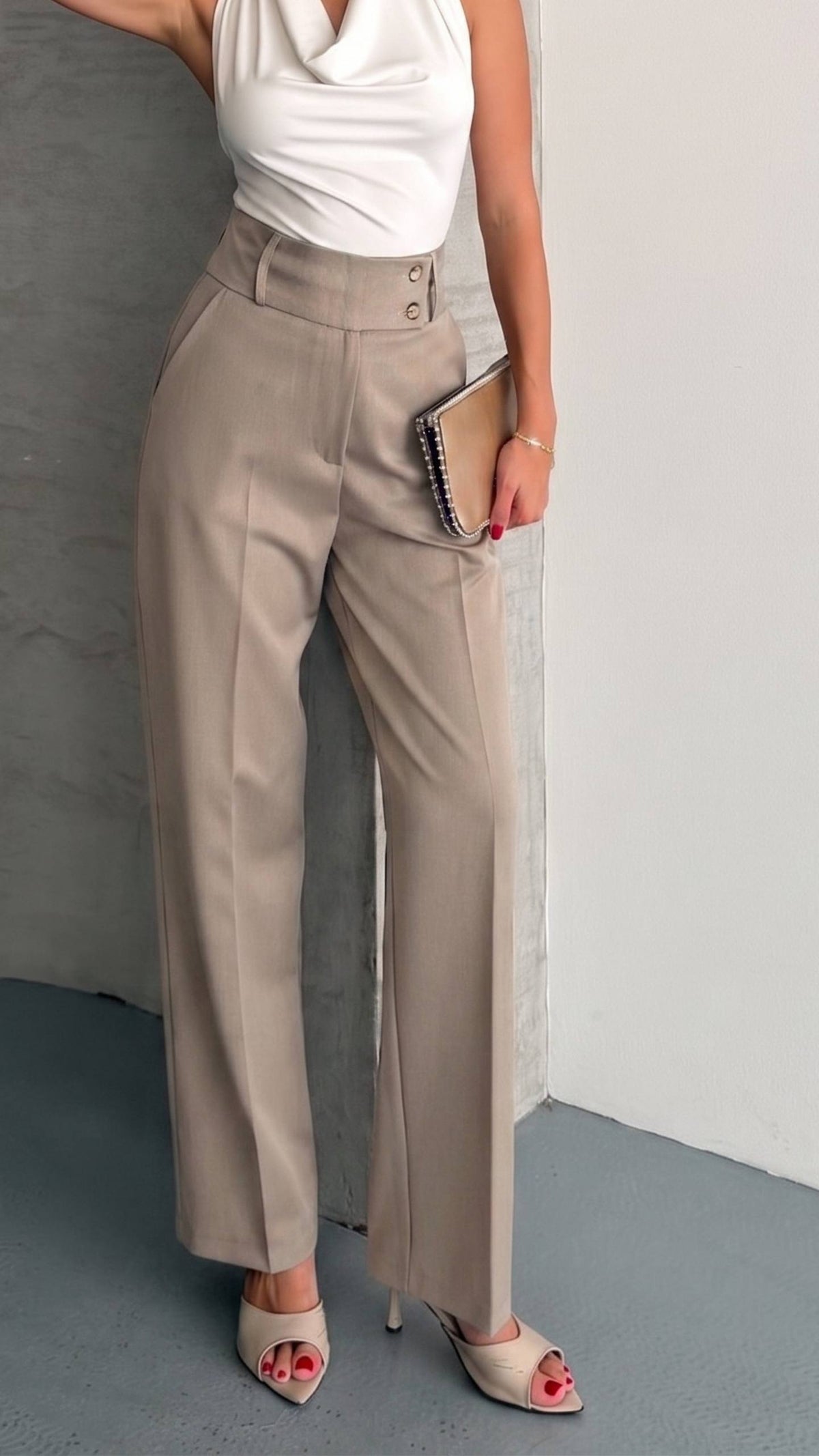 PANTALONI RHYDER CU TALIE ÎNALTĂ - Bej