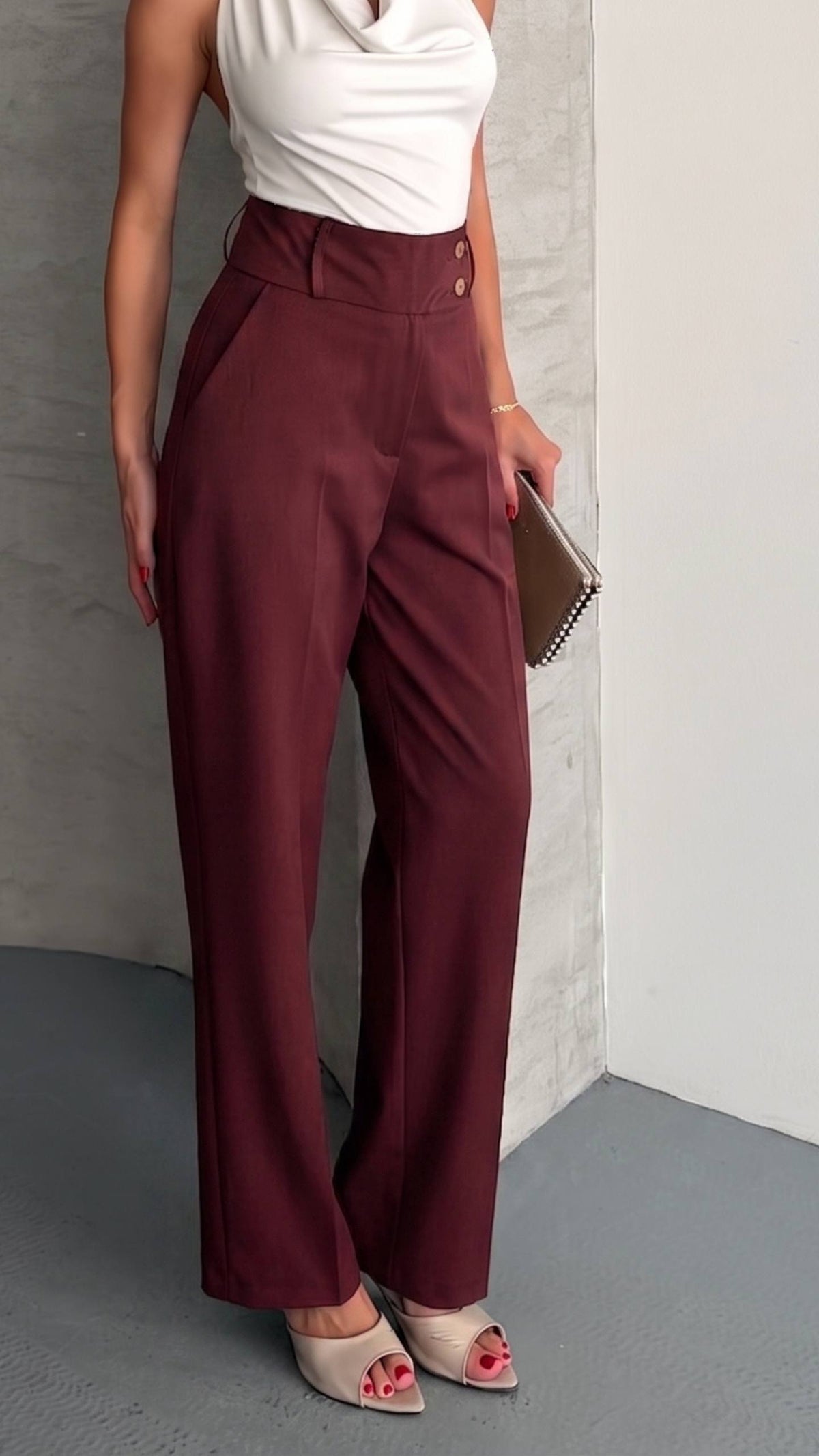 PANTALONI RHYDER CU TALIE ÎNALTĂ - Roșu Claret