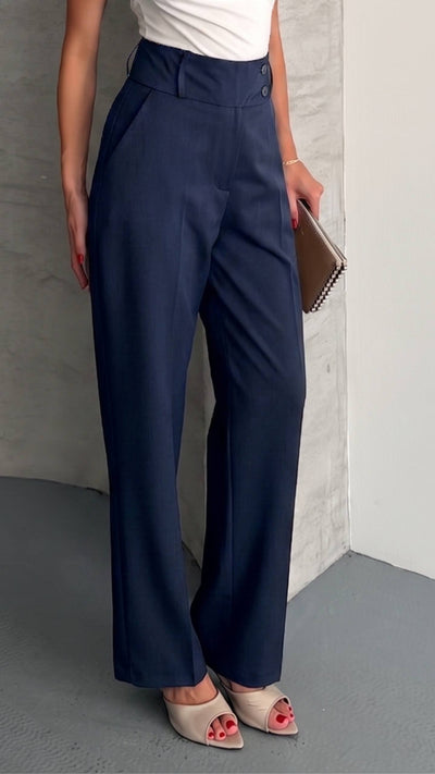 PANTALONI RHYDER CU TALIE ÎNALTĂ - Bleumarin