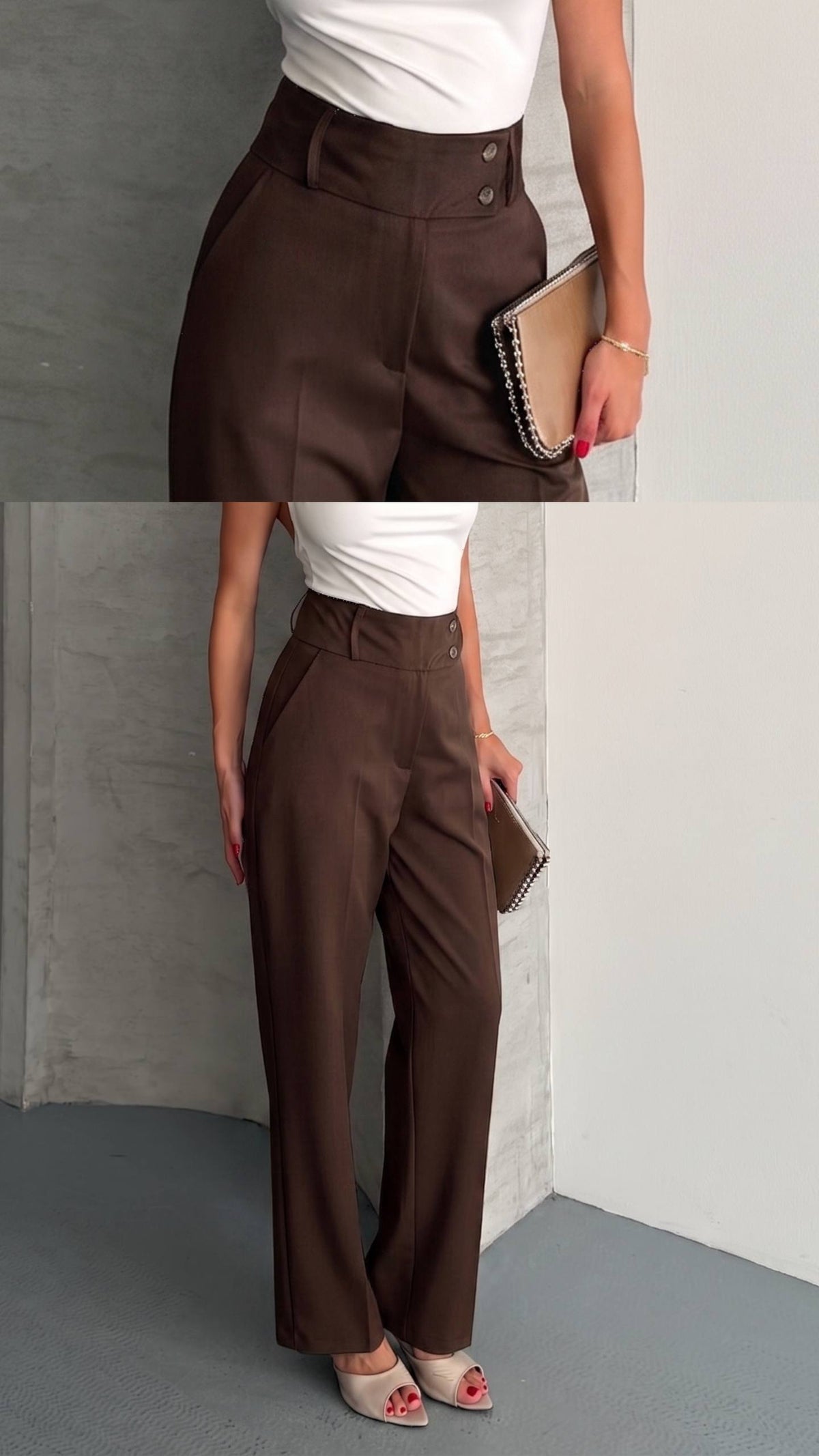 PANTALONI RHYDER CU TALIE ÎNALTĂ - Maro închis