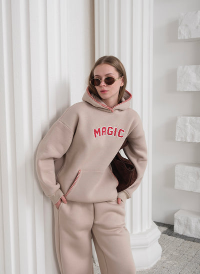 Set trening cu glugă și brodat Magic Süzene - Bej