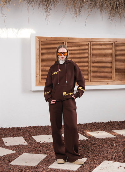 MANIFEST SUZENE EMBROIDERED HOODED TRACKSUIT SET - Coffee