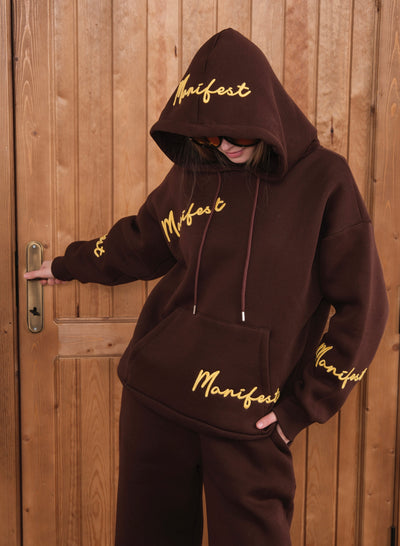 MANIFEST SUZENE EMBROIDERED HOODED TRACKSUIT SET - Coffee