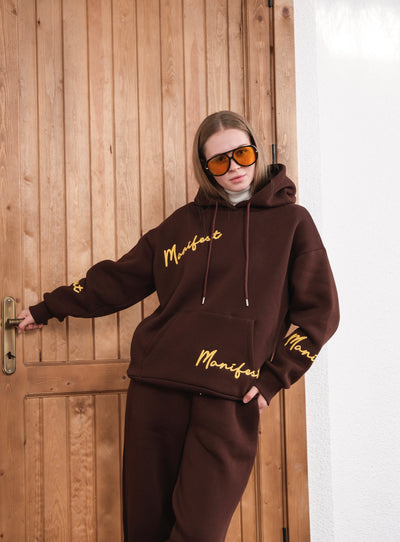 MANIFEST SUZENE EMBROIDERED HOODED TRACKSUIT SET - Coffee