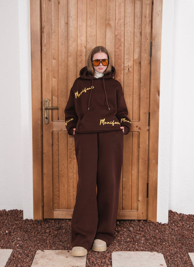 MANIFEST SUZENE EMBROIDERED HOODED TRACKSUIT SET - Coffee