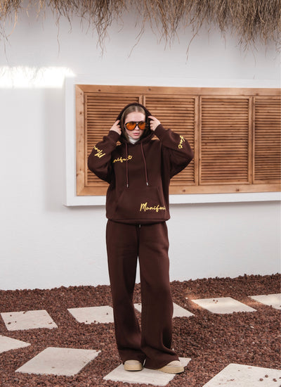 MANIFEST SUZENE EMBROIDERED HOODED TRACKSUIT SET - Coffee