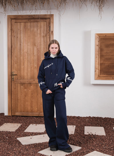 MANIFEST SUZENE EMBROIDERED HOODED TRACKSUIT SET - Navy Blue
