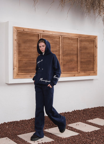 MANIFEST SUZENE EMBROIDERED HOODED TRACKSUIT SET - Navy Blue