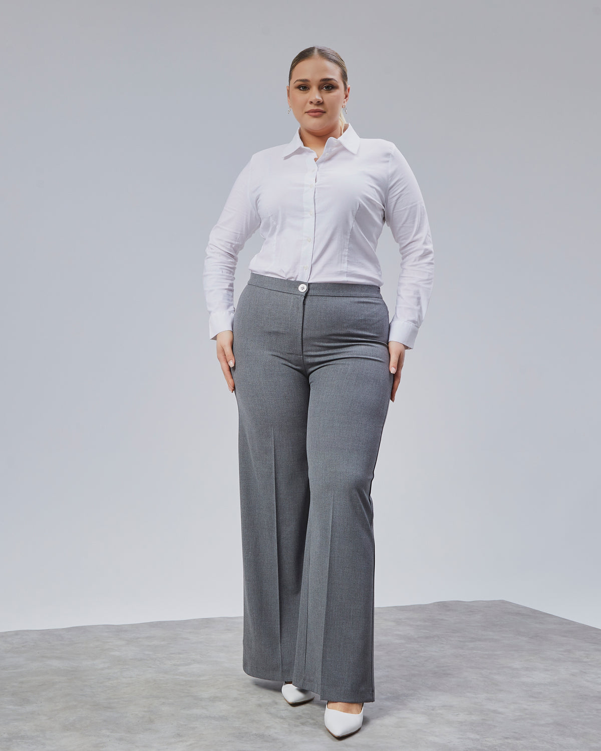 BELİ LASTİKLİ GENİŞ PAÇA BÜYÜK BEDEN PANTOLON - K.Gri