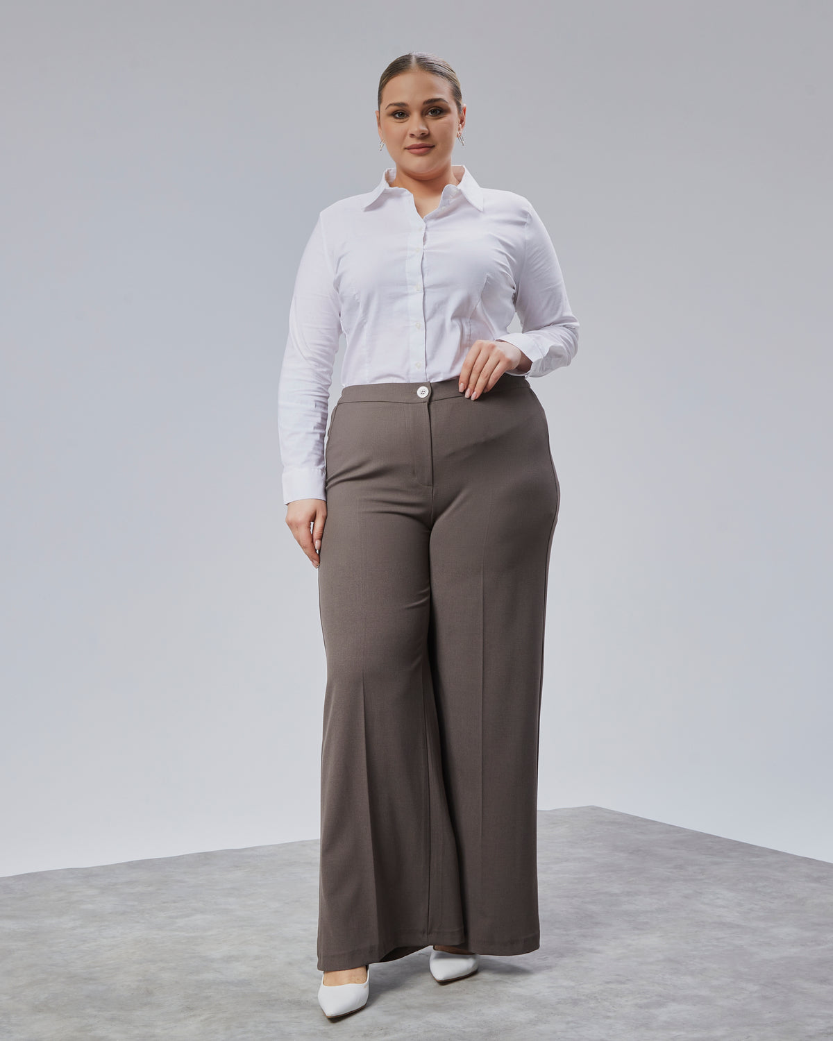 BELİ LASTİKLİ GENİŞ PAÇA BÜYÜK BEDEN PANTOLON - Kahve