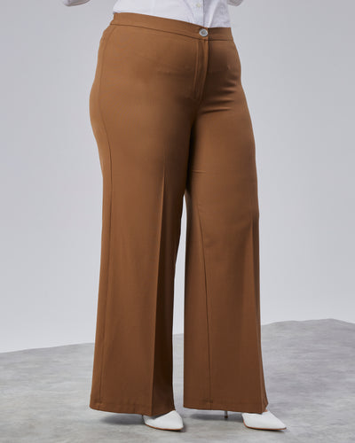 Wide Leg Plus Size Trousers with Elastic Waistband - Tan