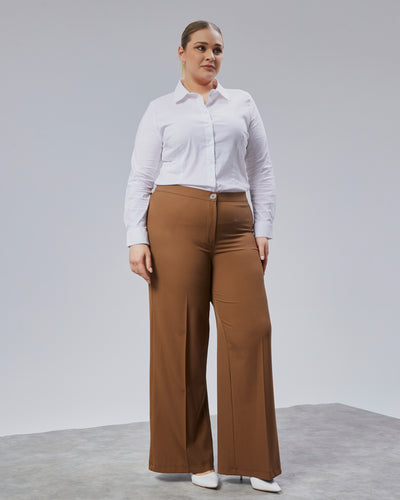 Wide Leg Plus Size Trousers with Elastic Waistband - Tan