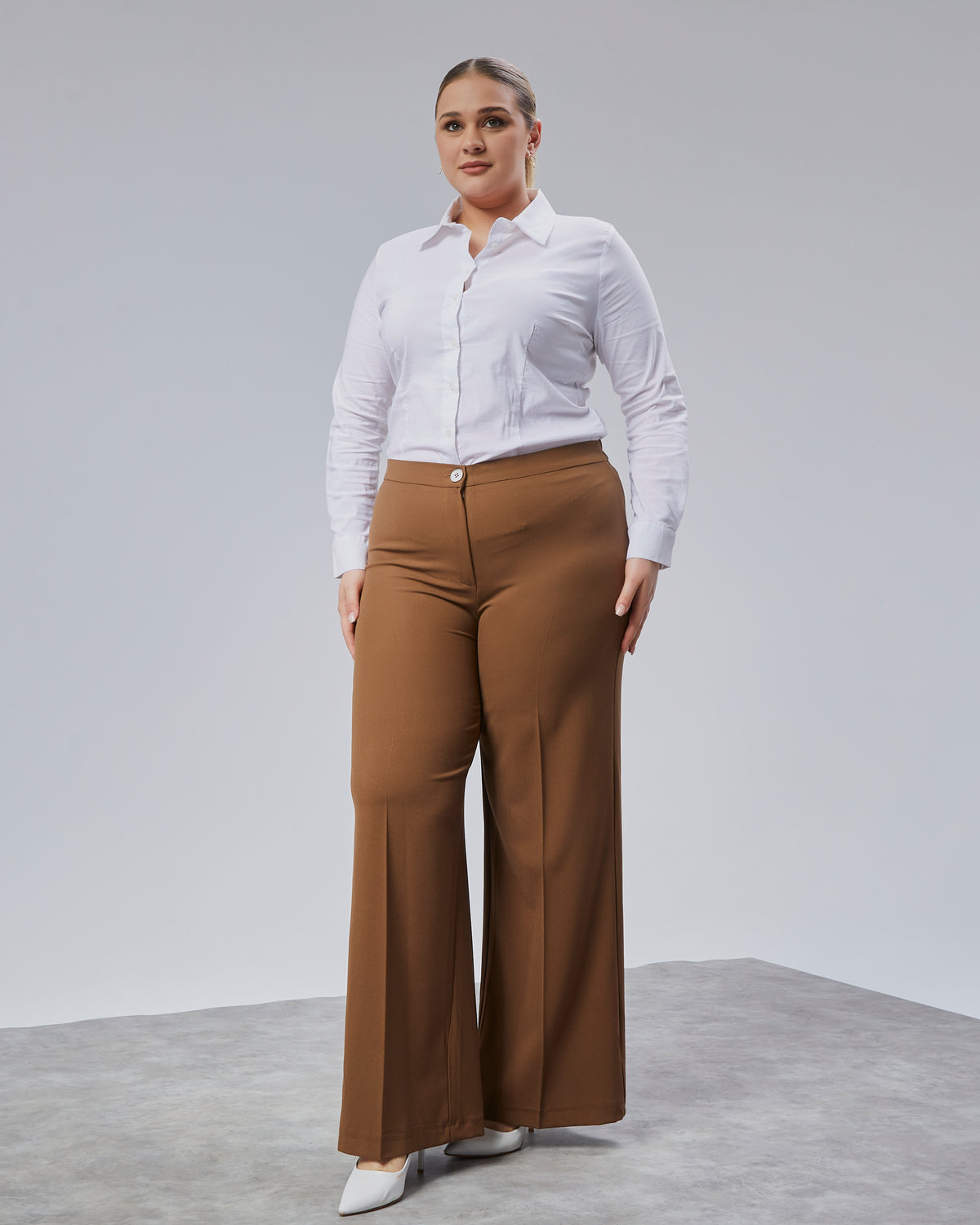 Wide Leg Plus Size Trousers with Elastic Waistband - Tan