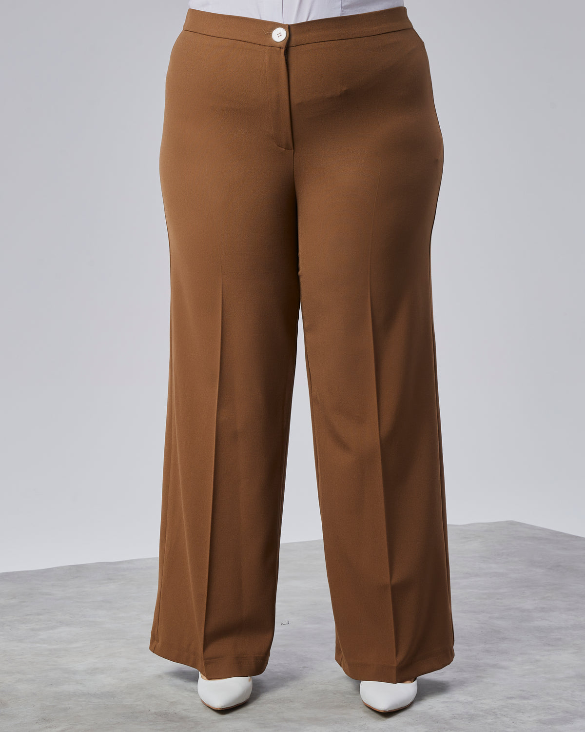 Wide Leg Plus Size Trousers with Elastic Waistband - Tan