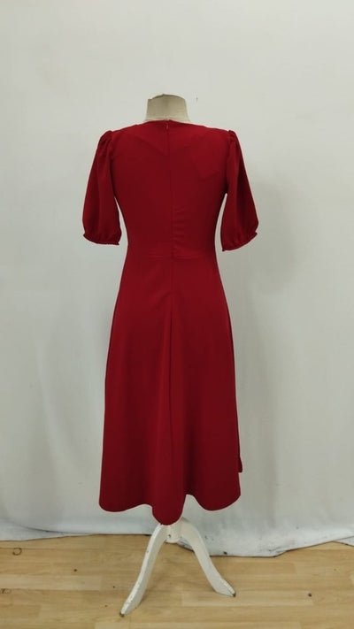 Women's Short Sleeve Drop Bow Detail Flared Imported Crepe Midi Dress, 27015