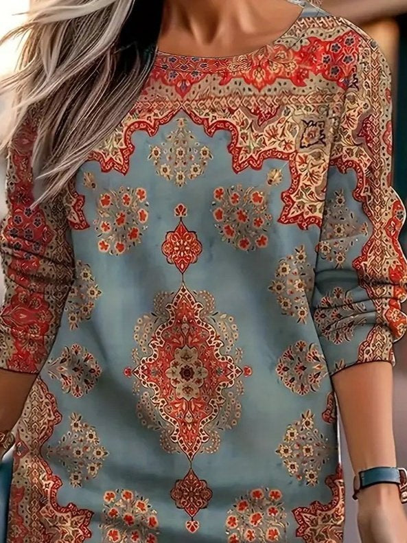 Rochie mini din modal cu mânecă lungă, gât rotund și model pentru femei, 27106