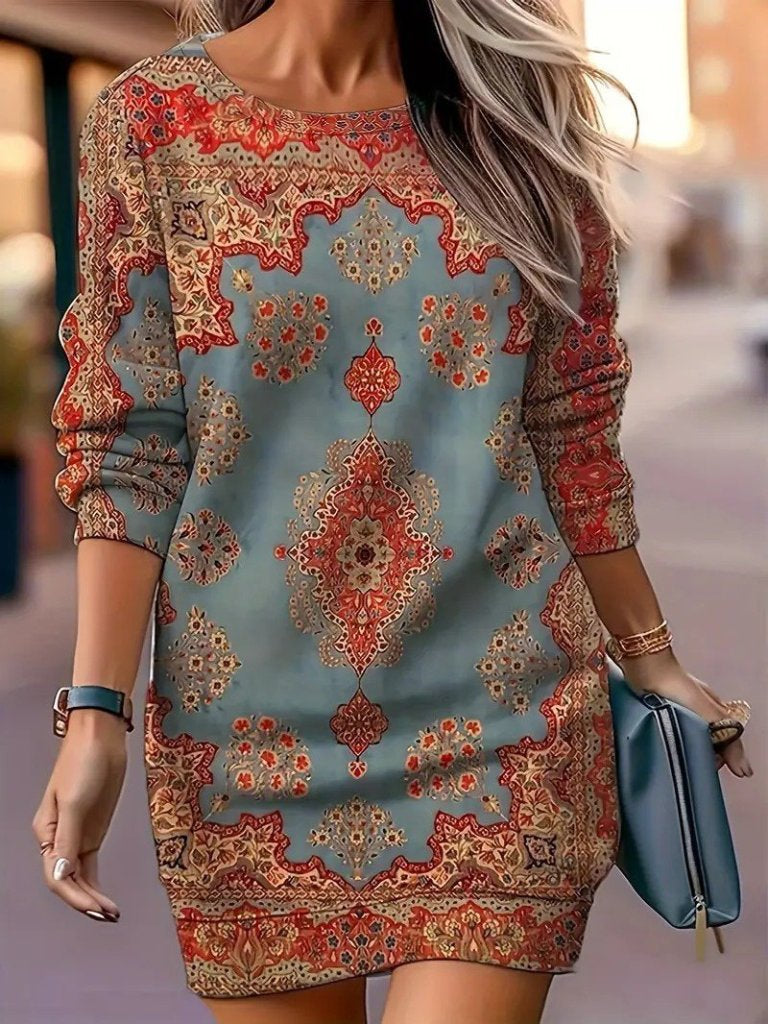 Rochie mini din modal cu mânecă lungă, gât rotund și model pentru femei, 27106