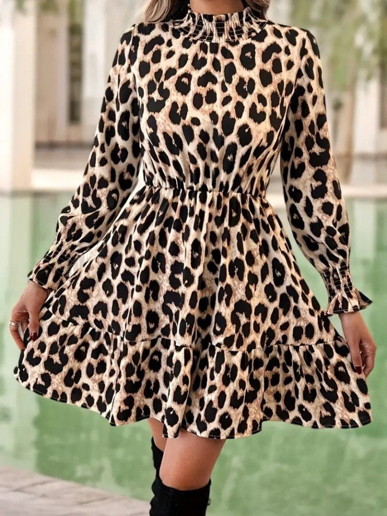 Rochie mini leopard, cu mâneci lungi și guler semi-înalt, din modal, pentru femei, 29394