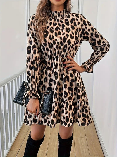 Rochie mini leopard, cu mâneci lungi și guler semi-înalt, din modal, pentru femei, 29394