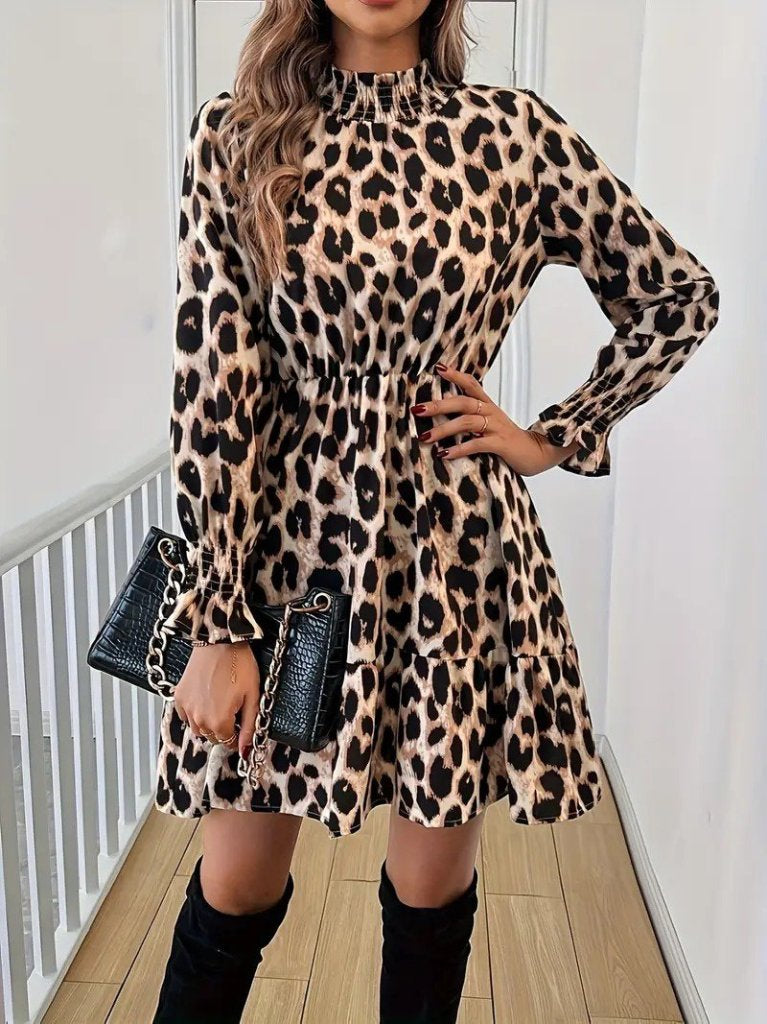 Rochie mini leopard, cu mâneci lungi și guler semi-înalt, din modal, pentru femei, 29394