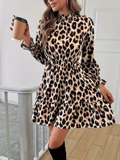 Rochie mini leopard, cu mâneci lungi și guler semi-înalt, din modal, pentru femei, 29394