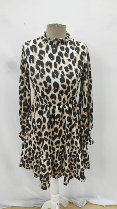 Rochie mini leopard, cu mâneci lungi și guler semi-înalt, din modal, pentru femei, 29394