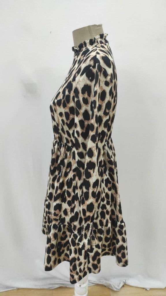 Rochie mini leopard, cu mâneci lungi și guler semi-înalt, din modal, pentru femei, 29394