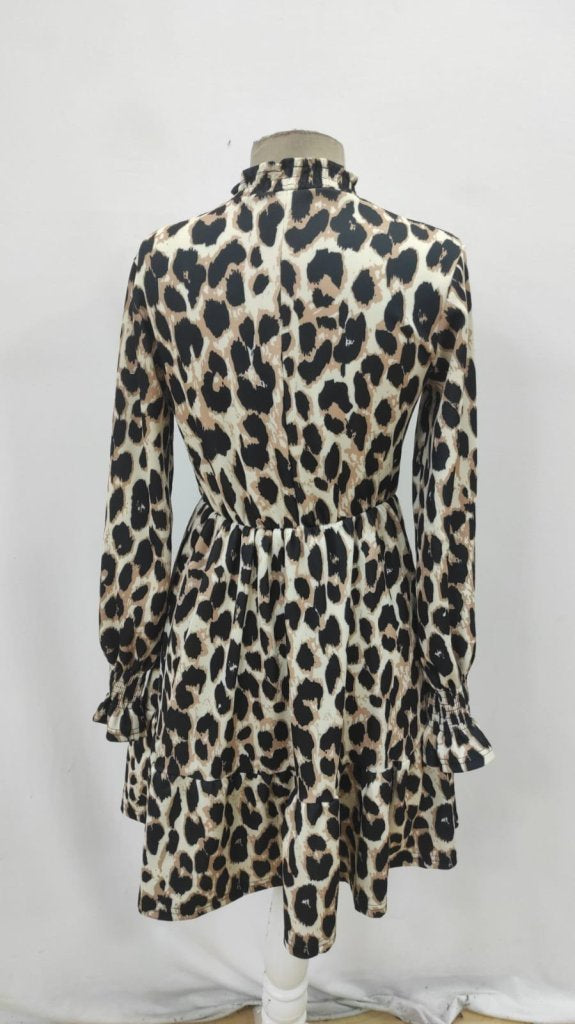 Rochie mini leopard, cu mâneci lungi și guler semi-înalt, din modal, pentru femei, 29394