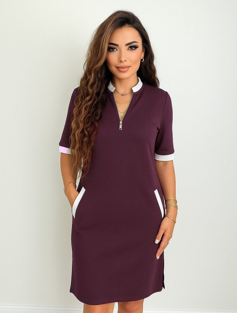 Rochie de damă din viscoză cu mânecă scurtă, fermoar, buzunare și crăpături laterale, 27161